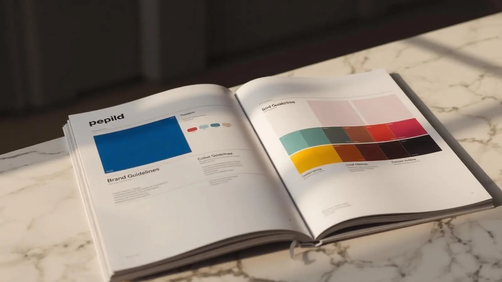 Printed brand guidelines book with swatches