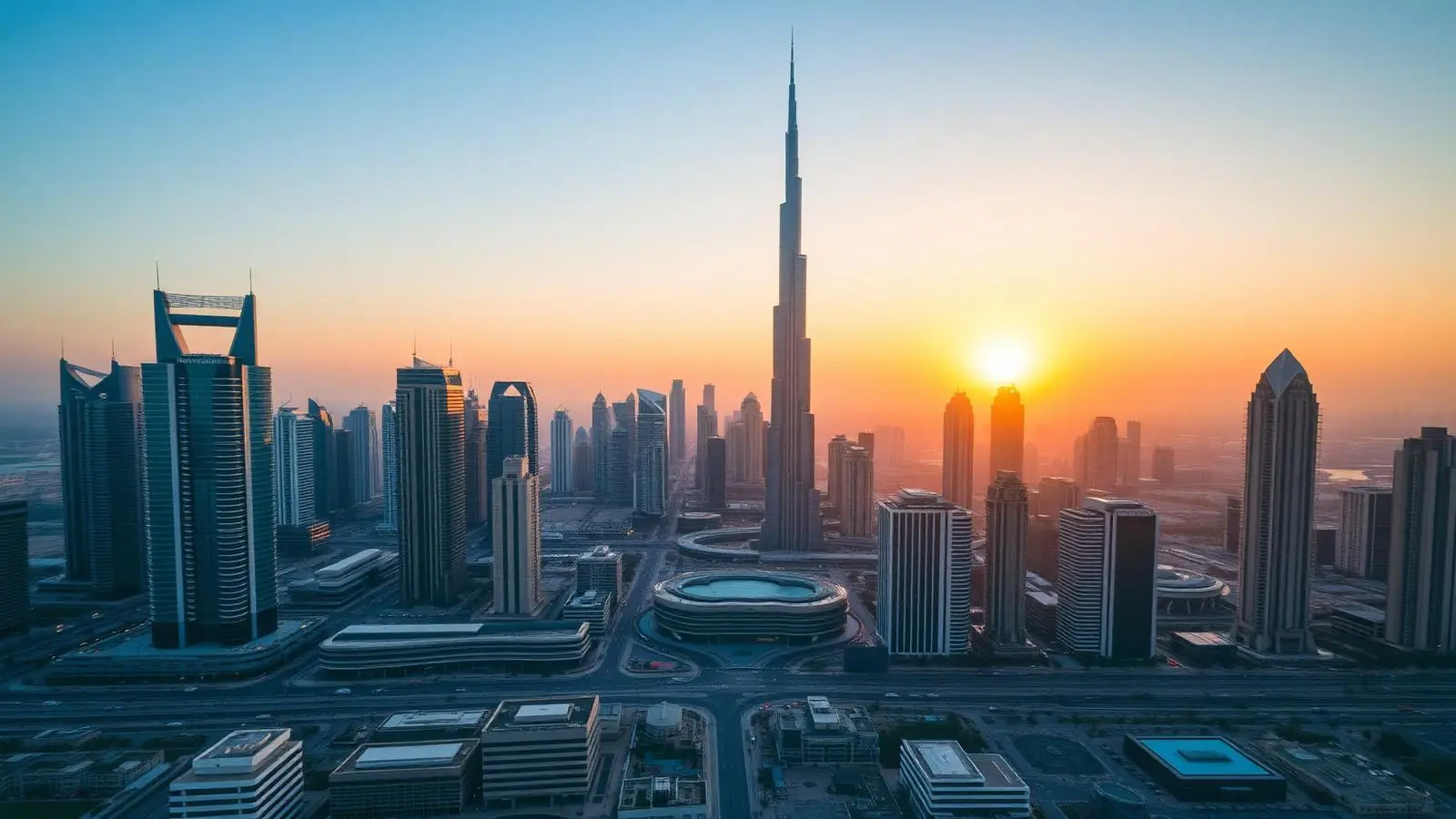 Dubai skyline at golden hour