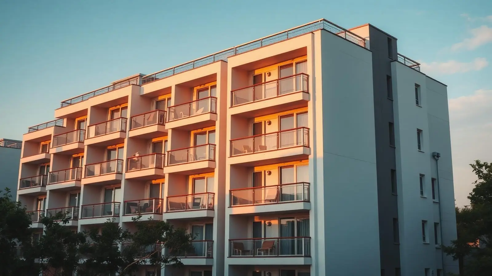 Modern residential building at golden hour