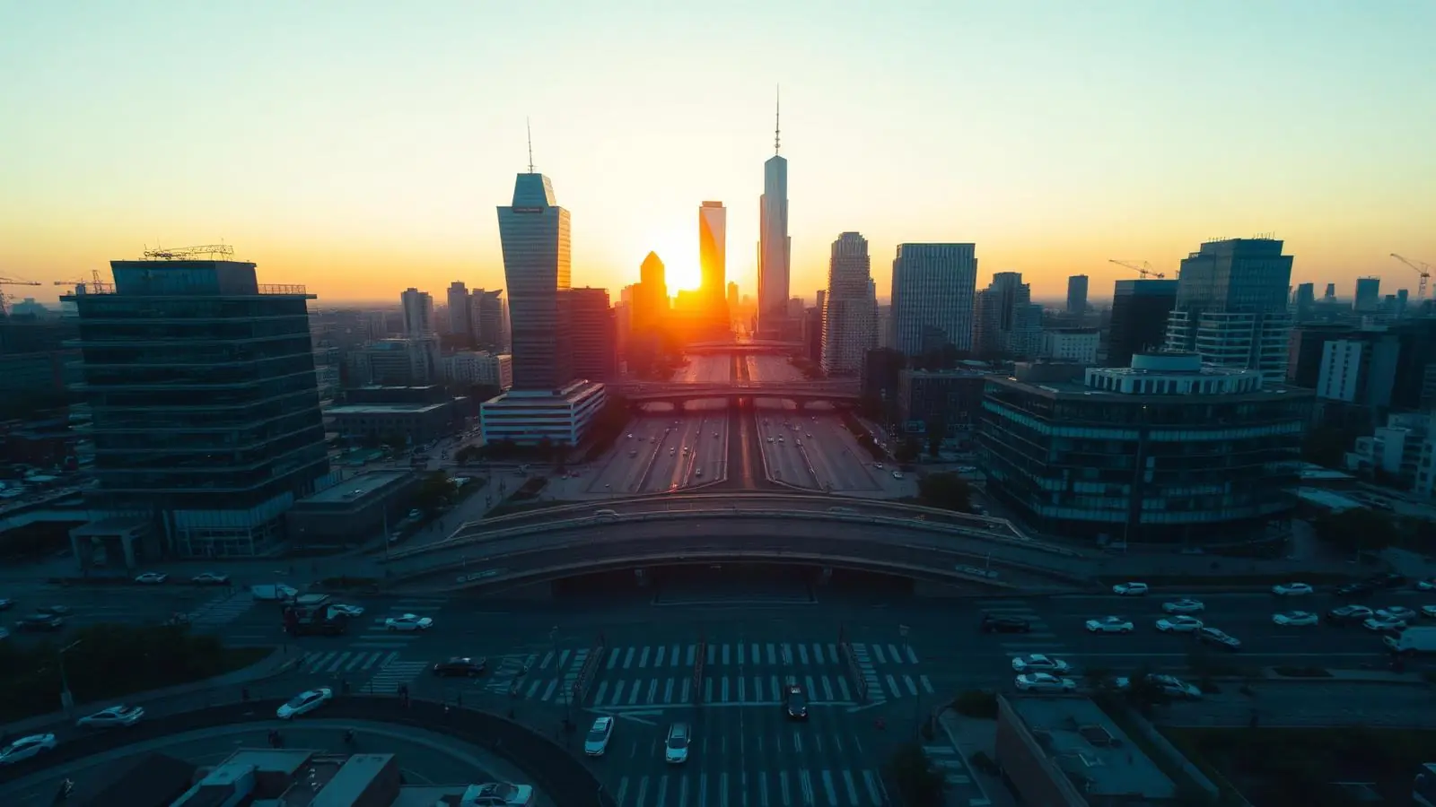 Modern city skyline at sunset