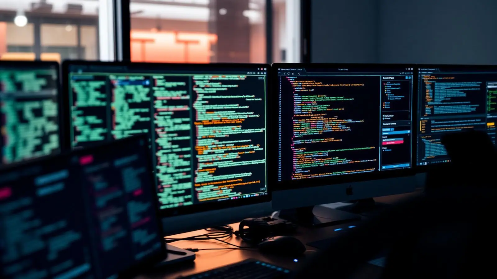 SaaS developer workspace with monitors