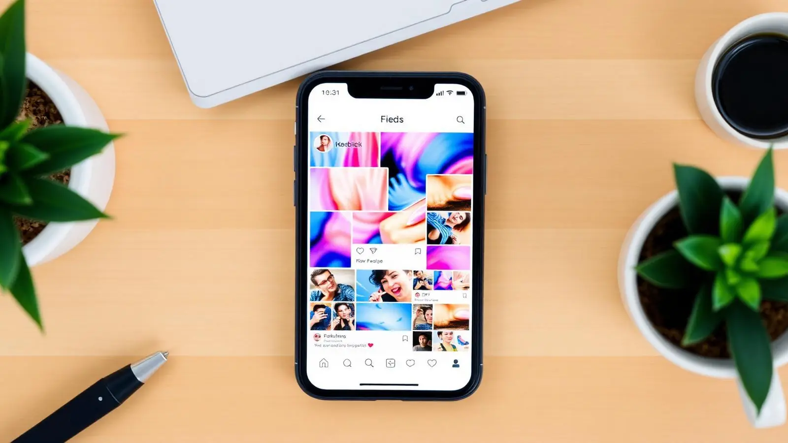 Social media kit on smartphone flat lay